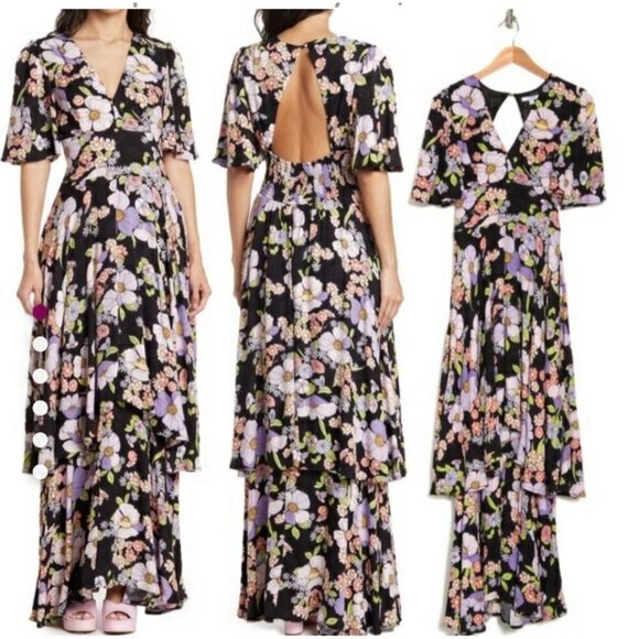AFRM  Colorful Floral Open Back Maxi Dress, Noir Summer Bouquet Size S Bohemian - Picture 1 of 12